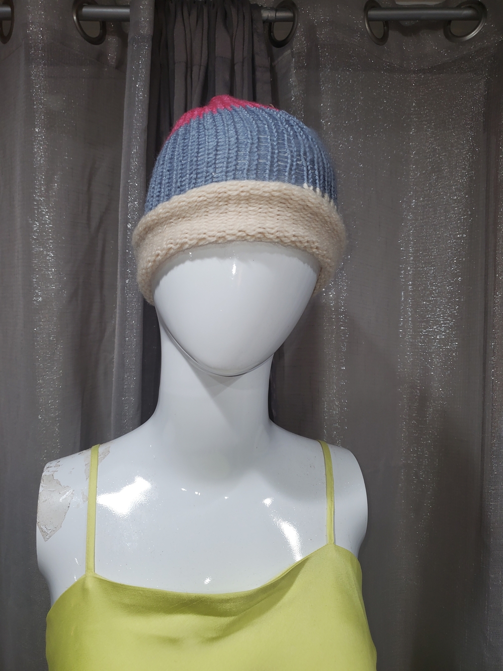 Handmade Knit Beanie Hat in Blue, Cream & Pink